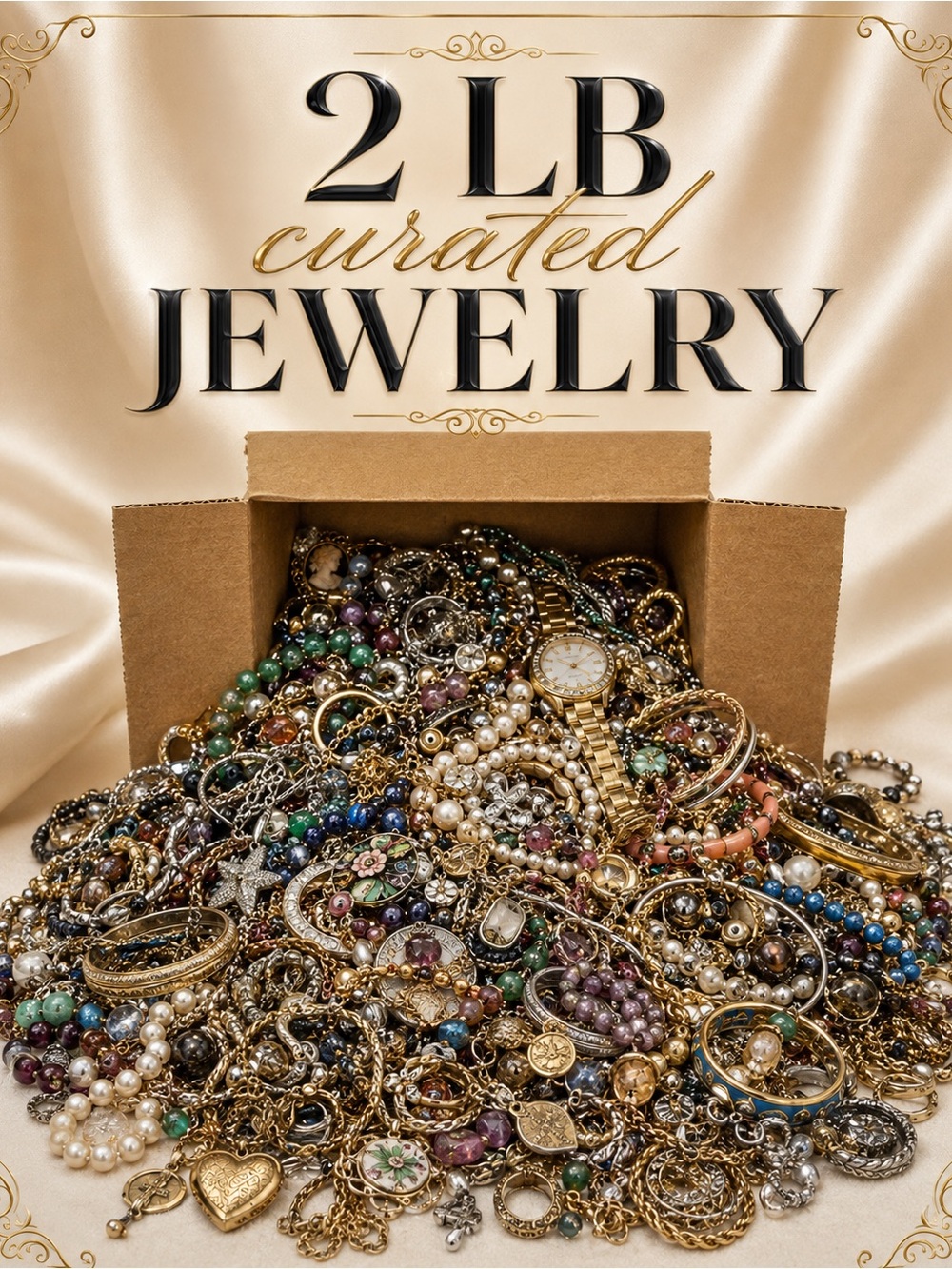 2 LB Curated Jewelry Lot Gold Silver Tone Vintage Modern Bulk Reseller Mix